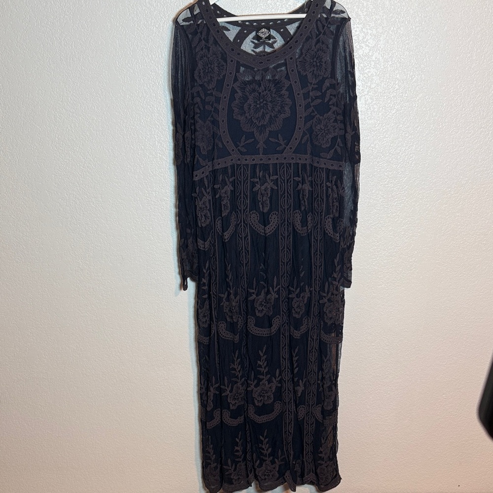 Cal Style Purple Embroidered Mesh Long Sleeve Maxi Dress Size XL Boho Gypsy